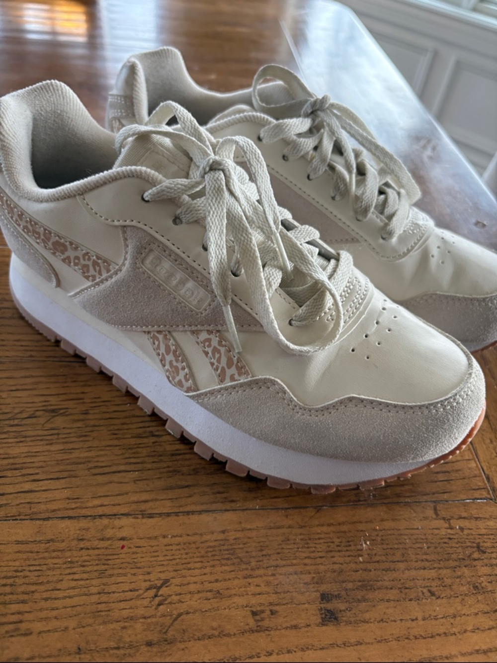 Reebok Women's Cream Sneakers with Beige Leopard Accent